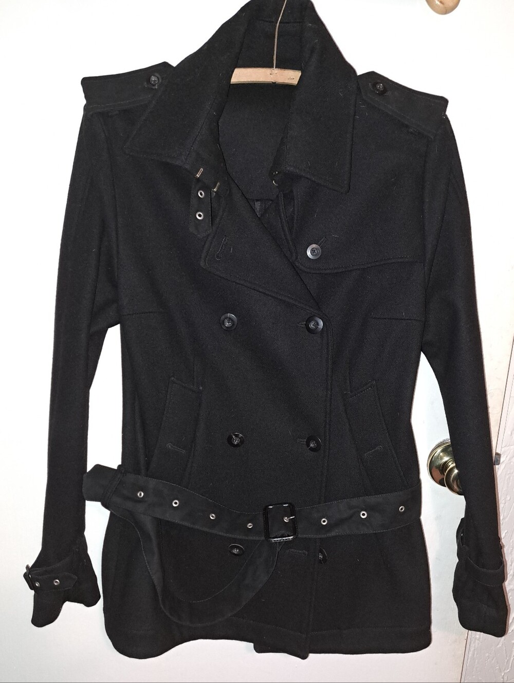 Firma Black Double-Breasted Women's Peacoat with Belt